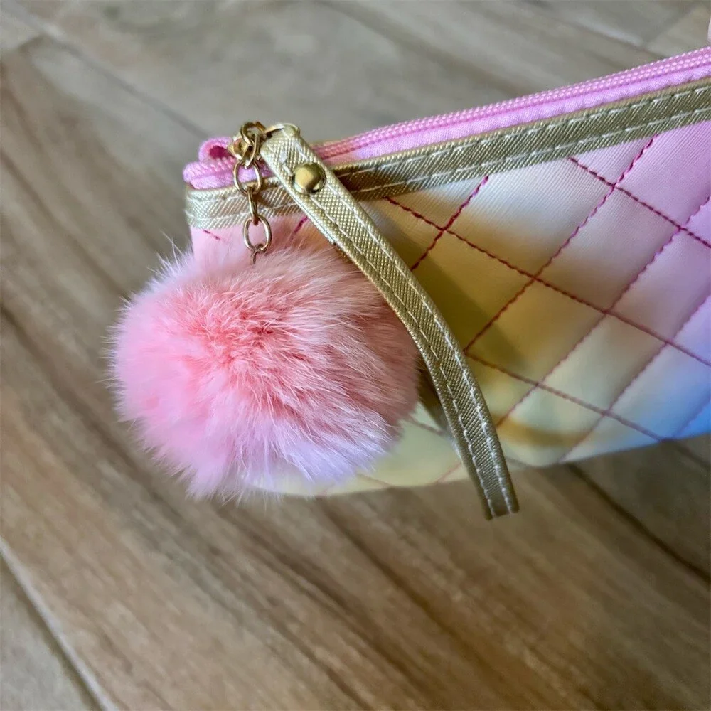 Pastel Ombre Quilted Makeup Bag Wristlet Pouch Zip w/ Pink Pom Pom Charm