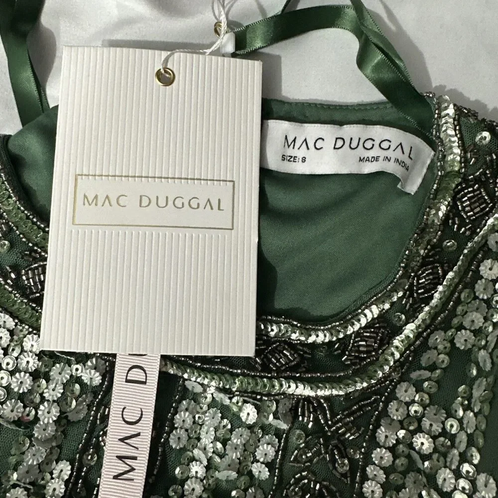 NWT Mac Duggal [ 8 ] 5980 High Neck Short‎ Sleev Crystal Fringe Dress Sage Q931
