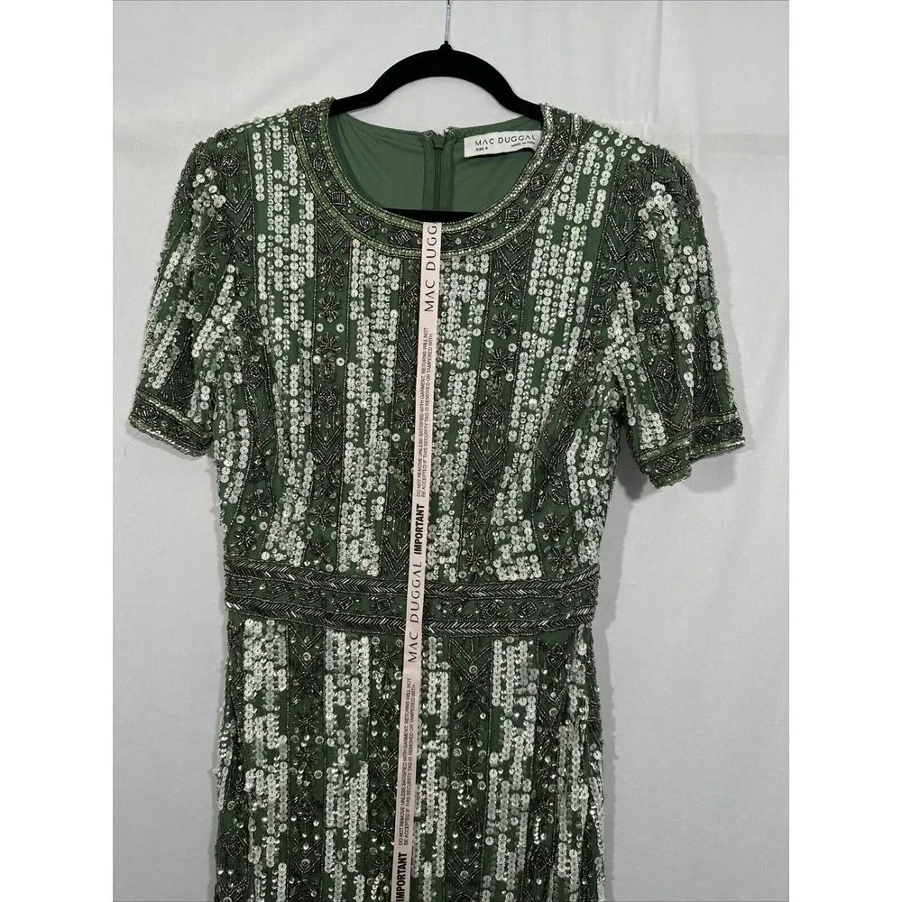 NWT Mac Duggal [ 8 ] 5980 High Neck Short‎ Sleev Crystal Fringe Dress Sage Q931