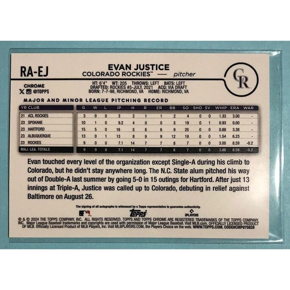 Evan Justice Rockies 2024 Topps Chrome PURPLE Refractor Autographed Rookie /250