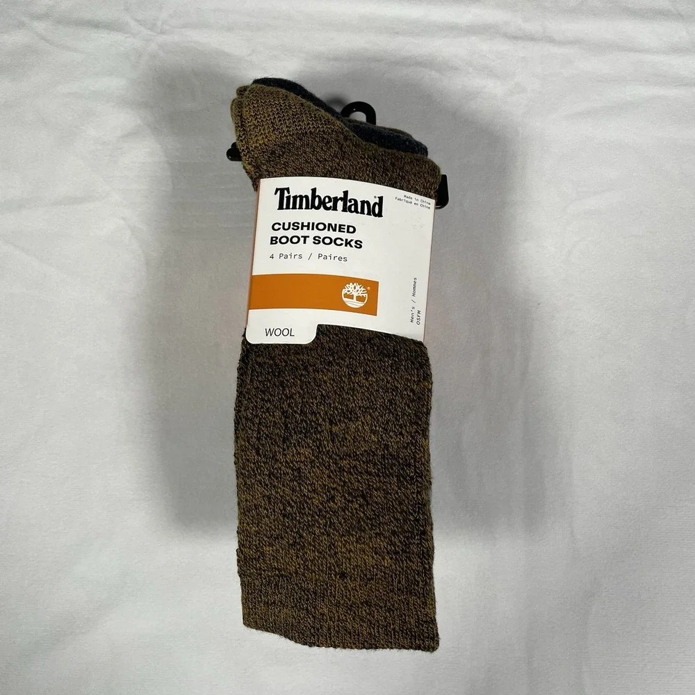 Timberland Cushioned Boot Socks 4 Pairs Wool Blend Men's Brown Gray OSFM