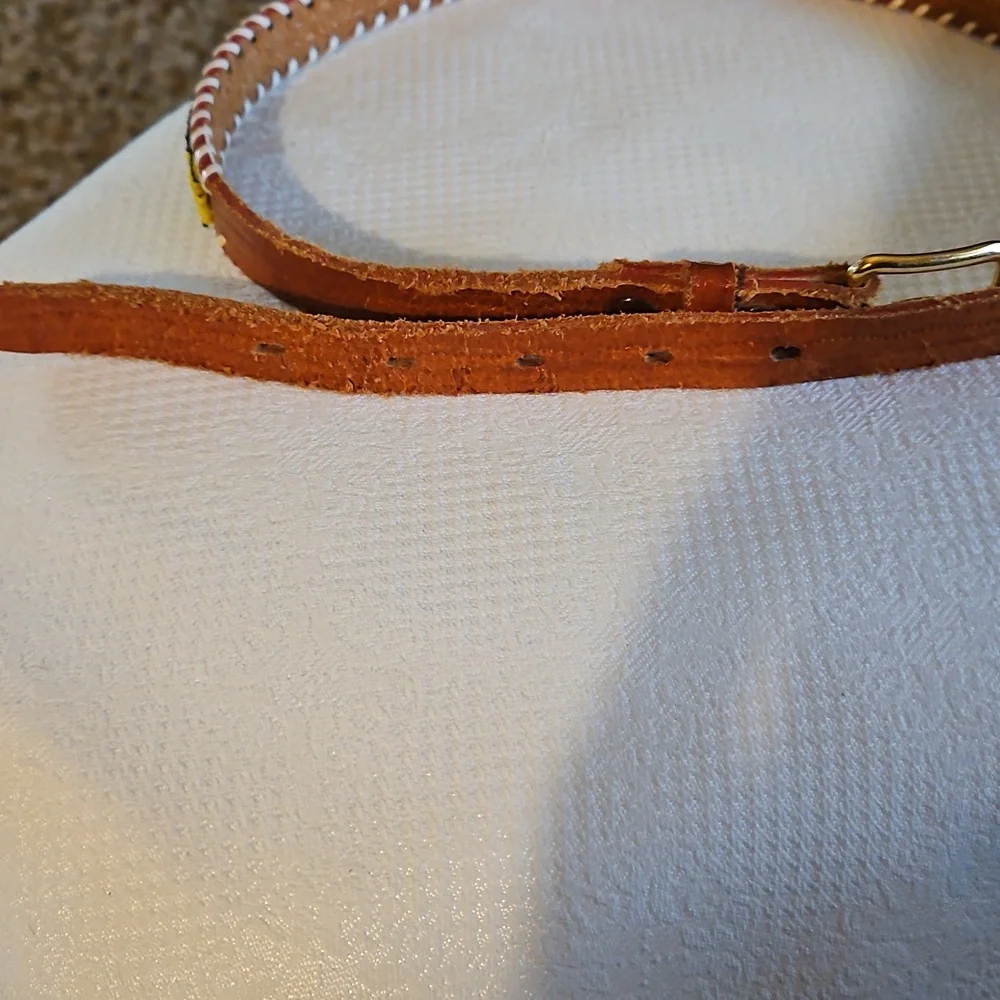 70 Vintage Kids Beaded Indian Leather Belt with Multicolor Design Sz 33