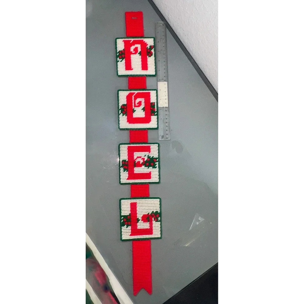 Vintage Hand Stitched Needlepoint NOEL Christmas Wall Door Hanger Holiday Decor