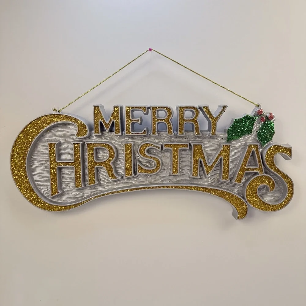 Vintage 1980's Plastic Merry Christmas Silver and‎ Gold Hanging Sign 14 1/2