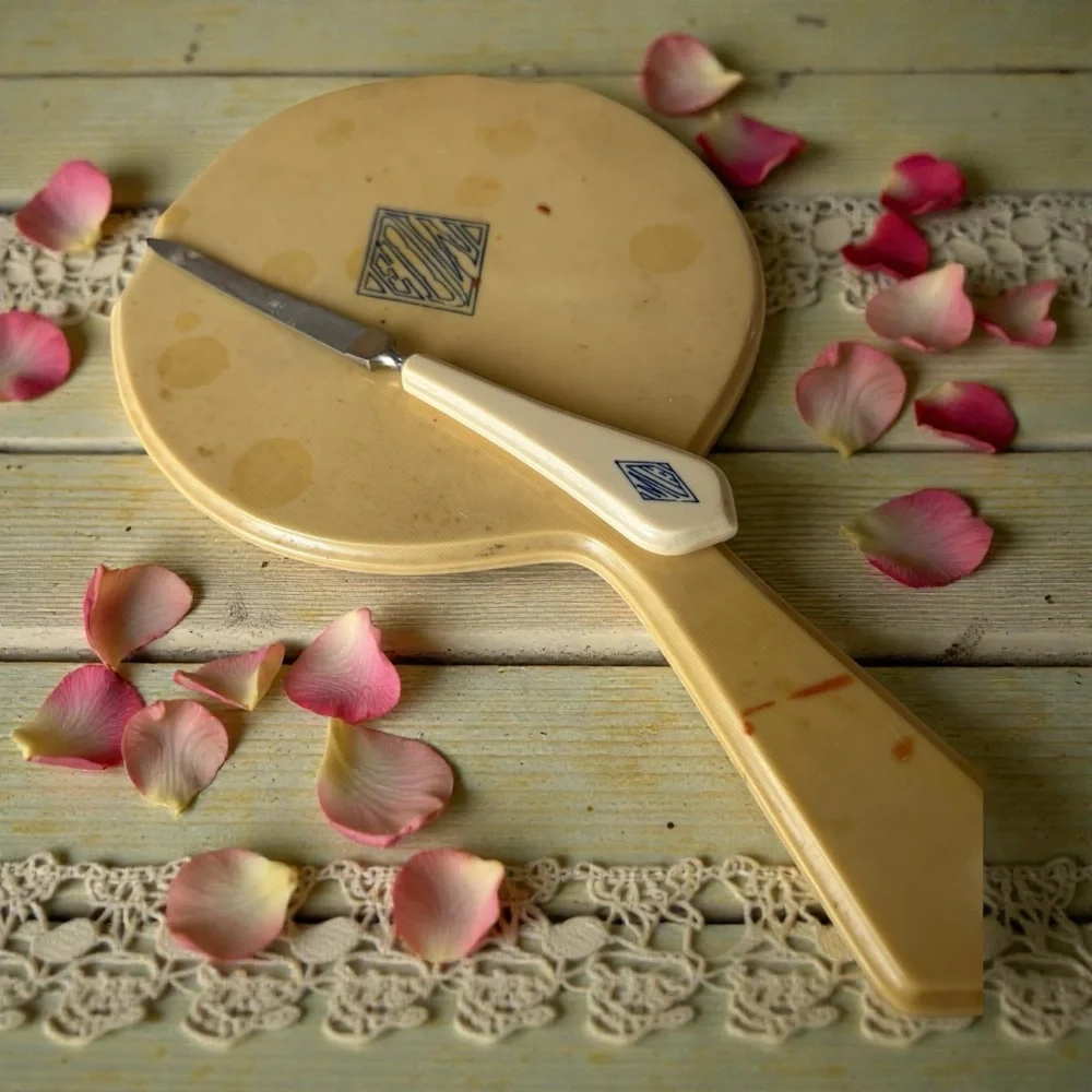 Vintage Cream Hand Mirror and file celluloid Set