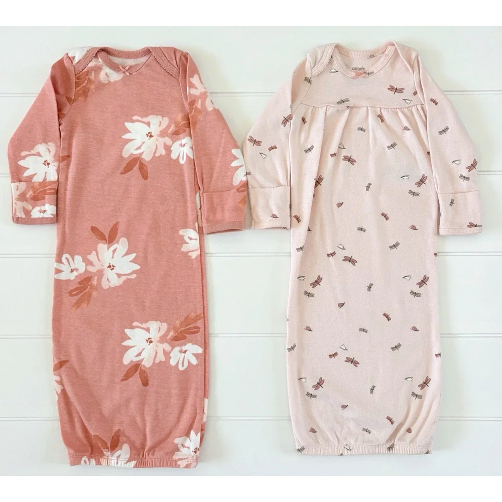 Carters Baby Girl Sleeper Gown Set 3 Months 100% Cotton Pink Floral Dragonfly