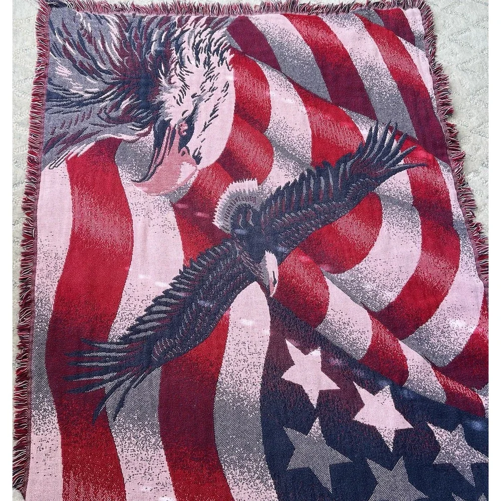 Vintage Tapestry Throw Blanket Goodwin Weavers USA Patriotic Eagle American Flag
