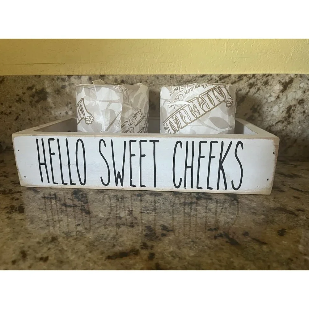 Wood Toilet Paper Holder Hello Sweet Cheeks & Nice Butt Bathroom Decor Tray Box