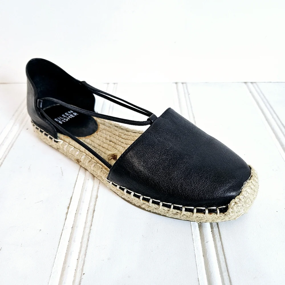 Eileen Fisher Wali Black Leather Espadrilles Women’s 6.5 Slip On Flat Loafers