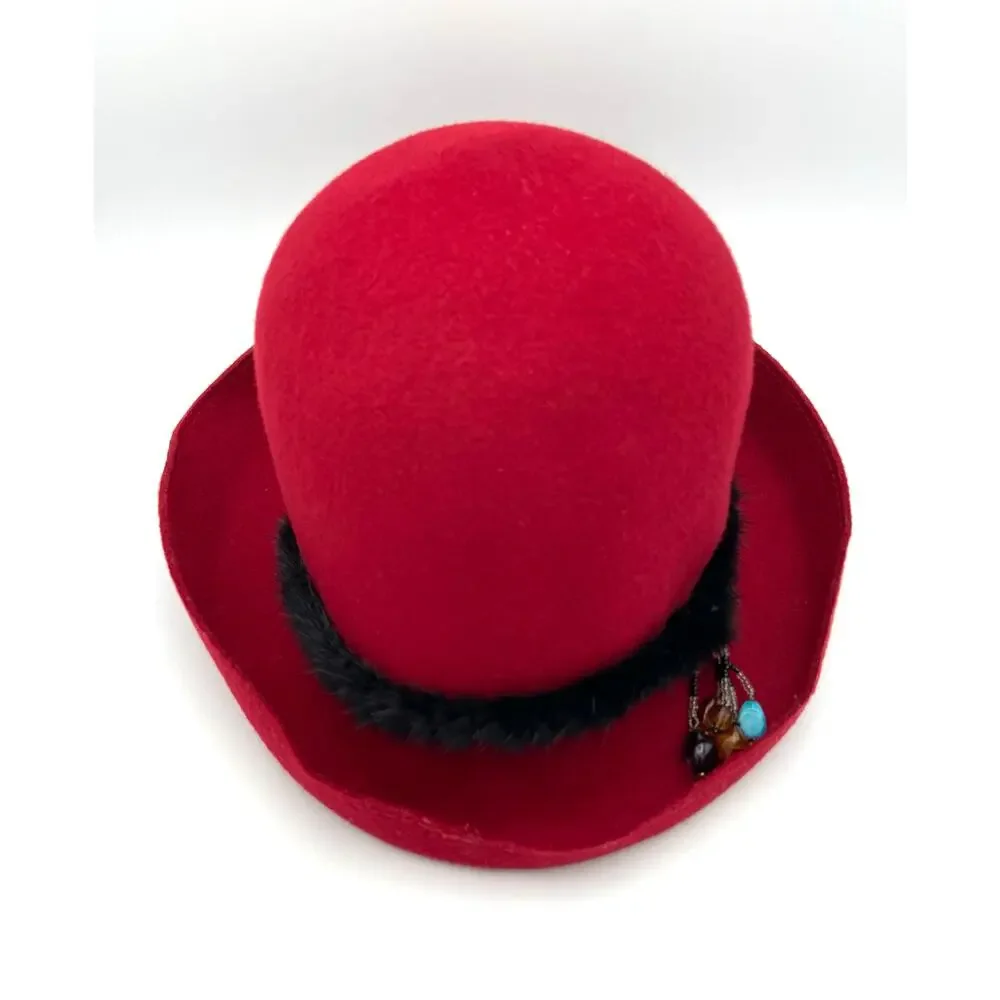 Vintage Liz Claiborne Red Wool Cloche Hat with Mink Fur Trim and Beaded Accent