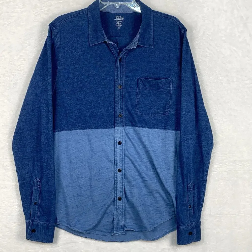 J.Crew Indigo Knit Goods Shirt Mens L Blue Two Tone Chambray Preppy Classic