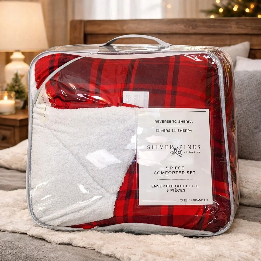 Silver Pines Queen 5pc Comforter Set Red Buffalo Plaid Sherpa Reversible NEW