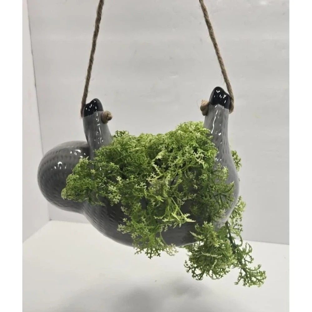 Handmade Sloth Hanging Planter with Faux Greenery – Cute Ceramic Wall Decor