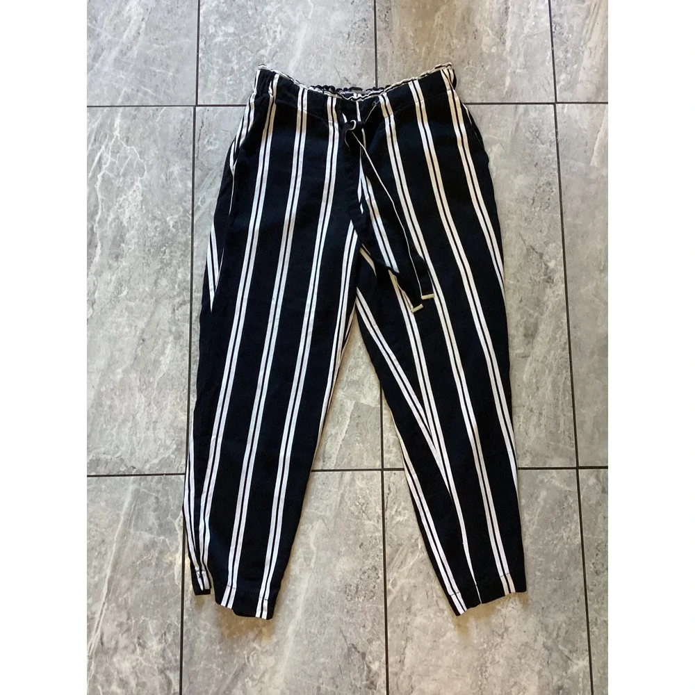 Mango Basics Black White Stripe Paperbag Waist Tie Belt Cropped Pants Women's S