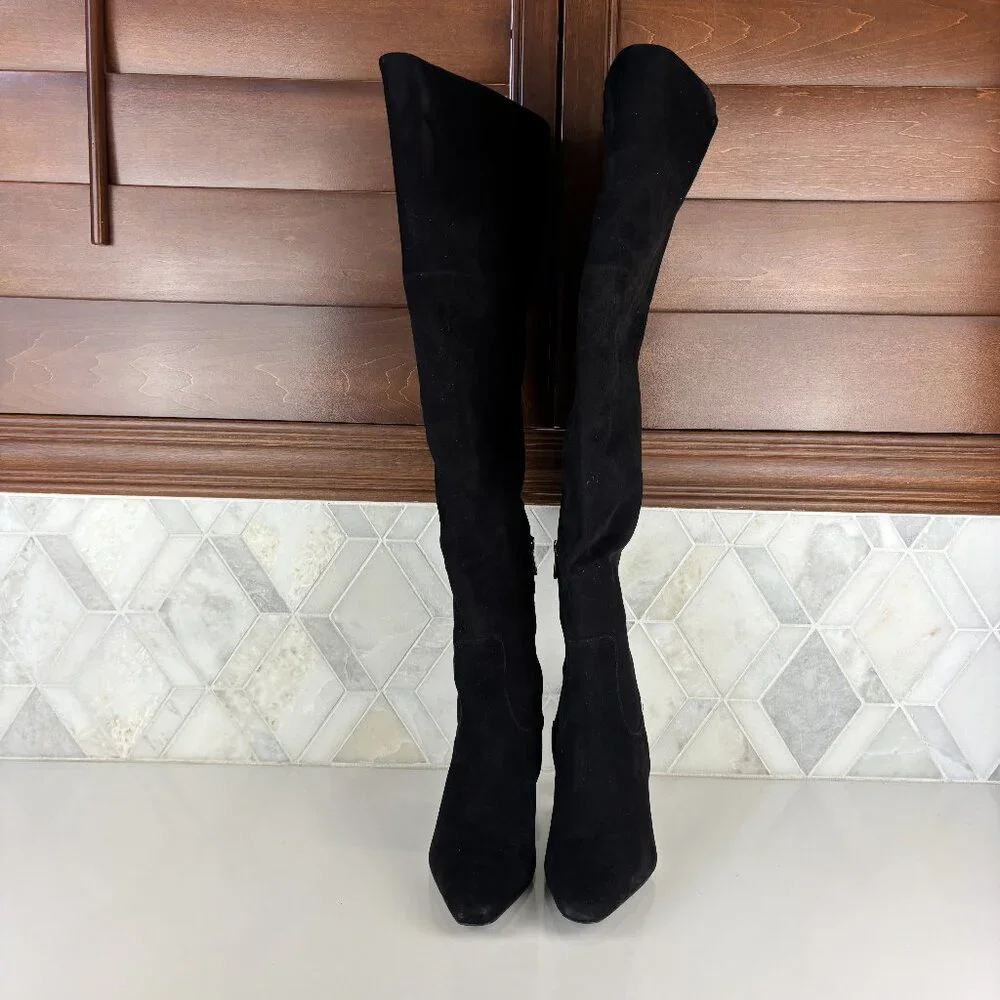 8.5 Wide Calf Black Suede Leather Tall Boot Over The Knee Zip Block Heel Shea