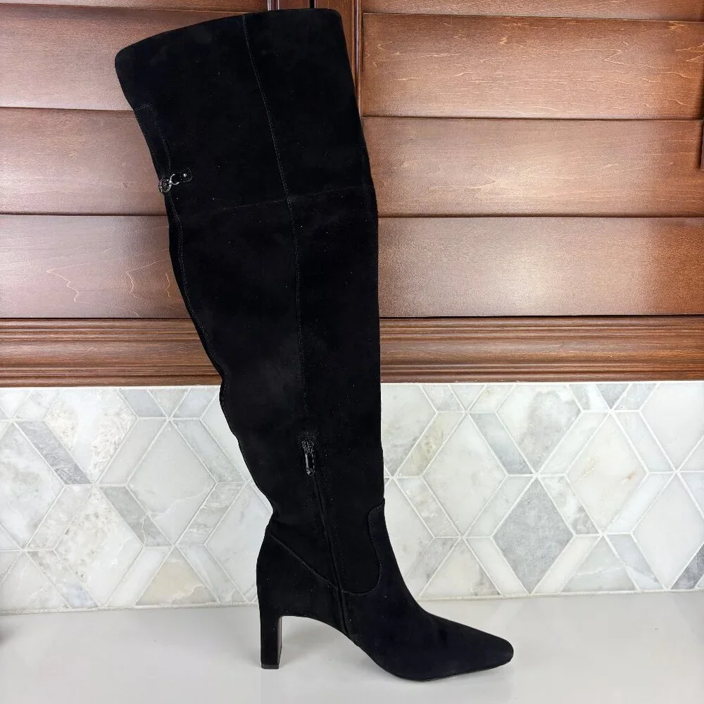 8.5 Wide Calf Black Suede Leather Tall Boot Over The Knee Zip Block Heel Shea