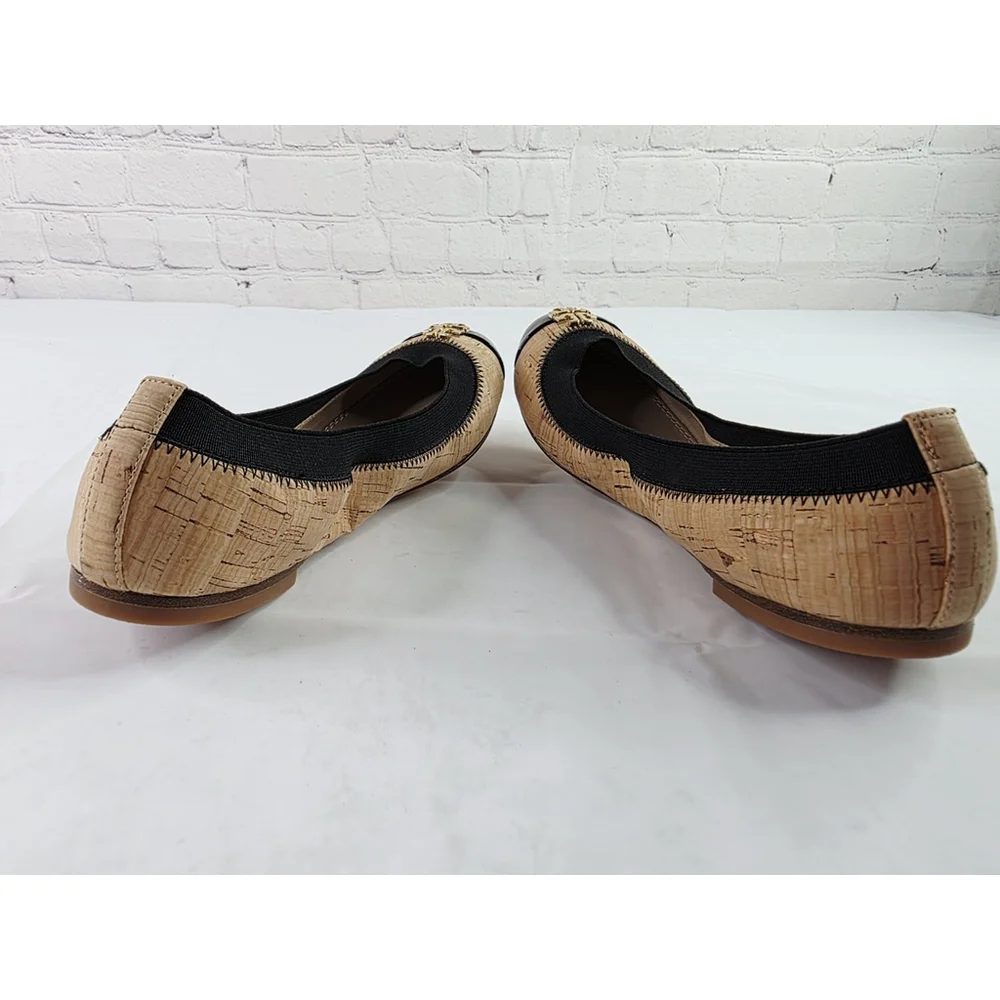 TORY BURCH JOLIE AMAZING CORK BLACK PATENT GOLD LOGO BALLET FLATS SIZE 5.5 M