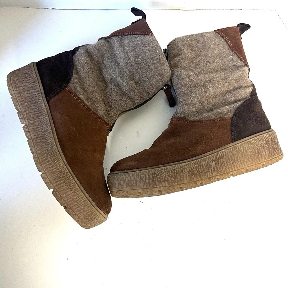 BOS & CO 100% Wool Ignite Waterproof Winter Boots Sz 37 US 6 Platform Brown