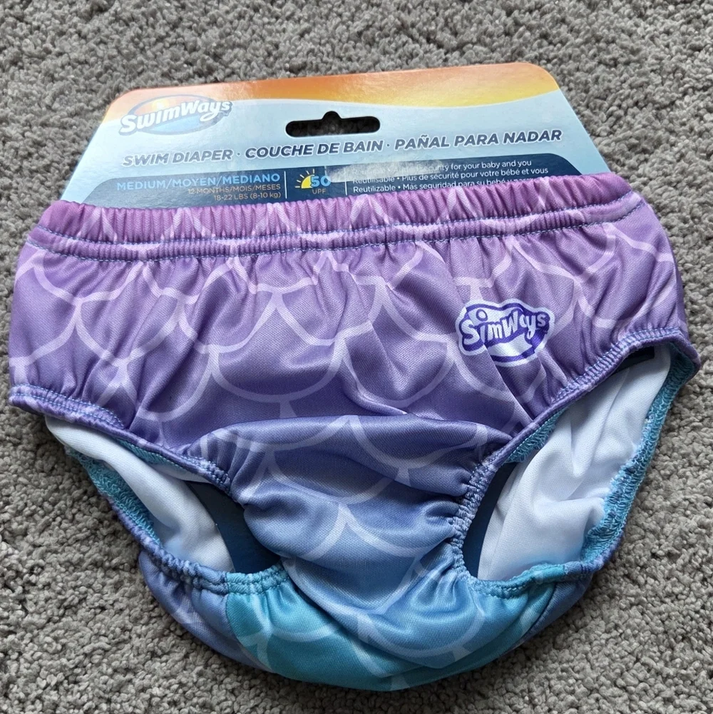 NEW SwimWays Mermaid Print Reusable Swim Diaper-Size 12 Months-Medium- 18-22 lbs