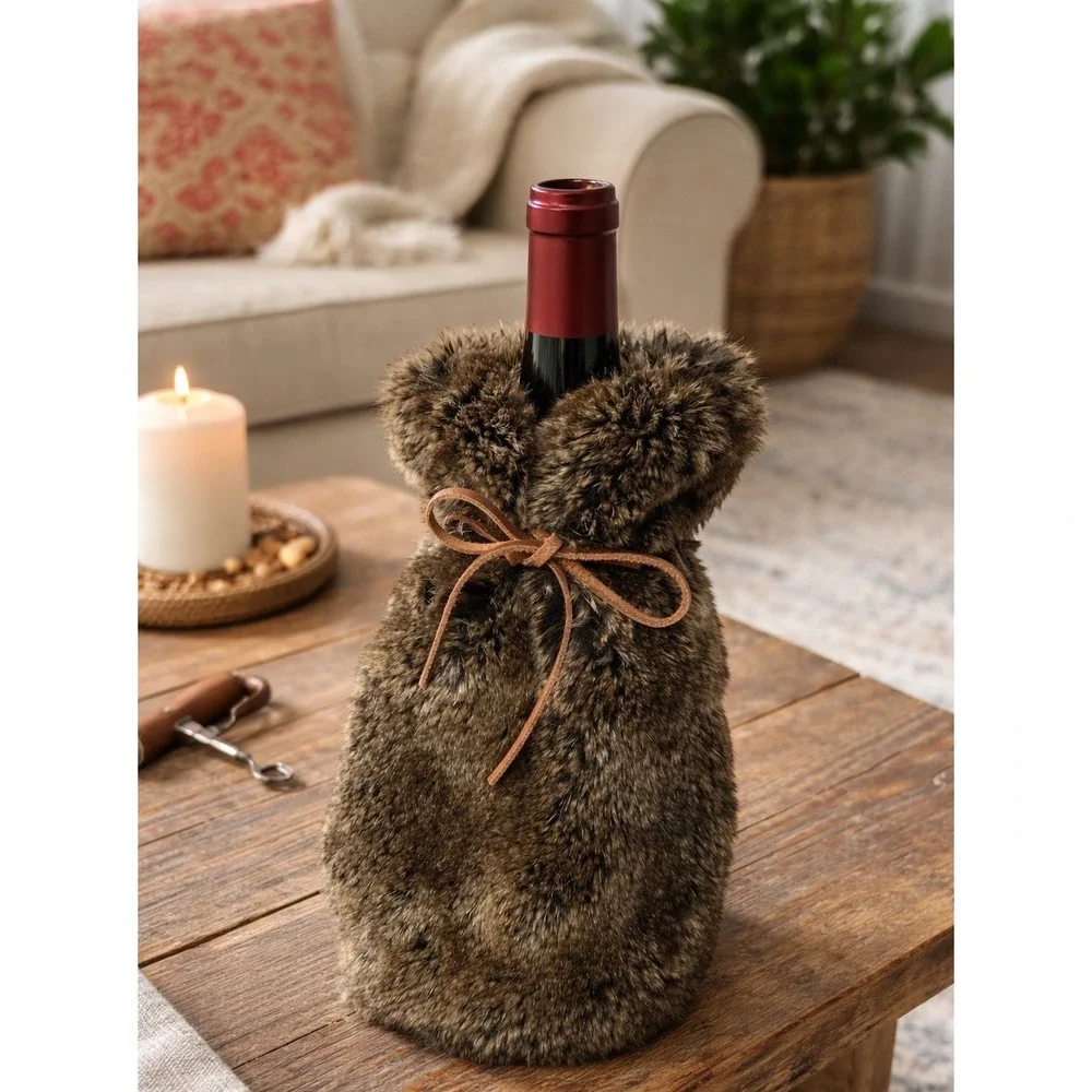 Restoration Hardware RH Ultra Faux Fur Wine Bottle Bag Brown NWOT