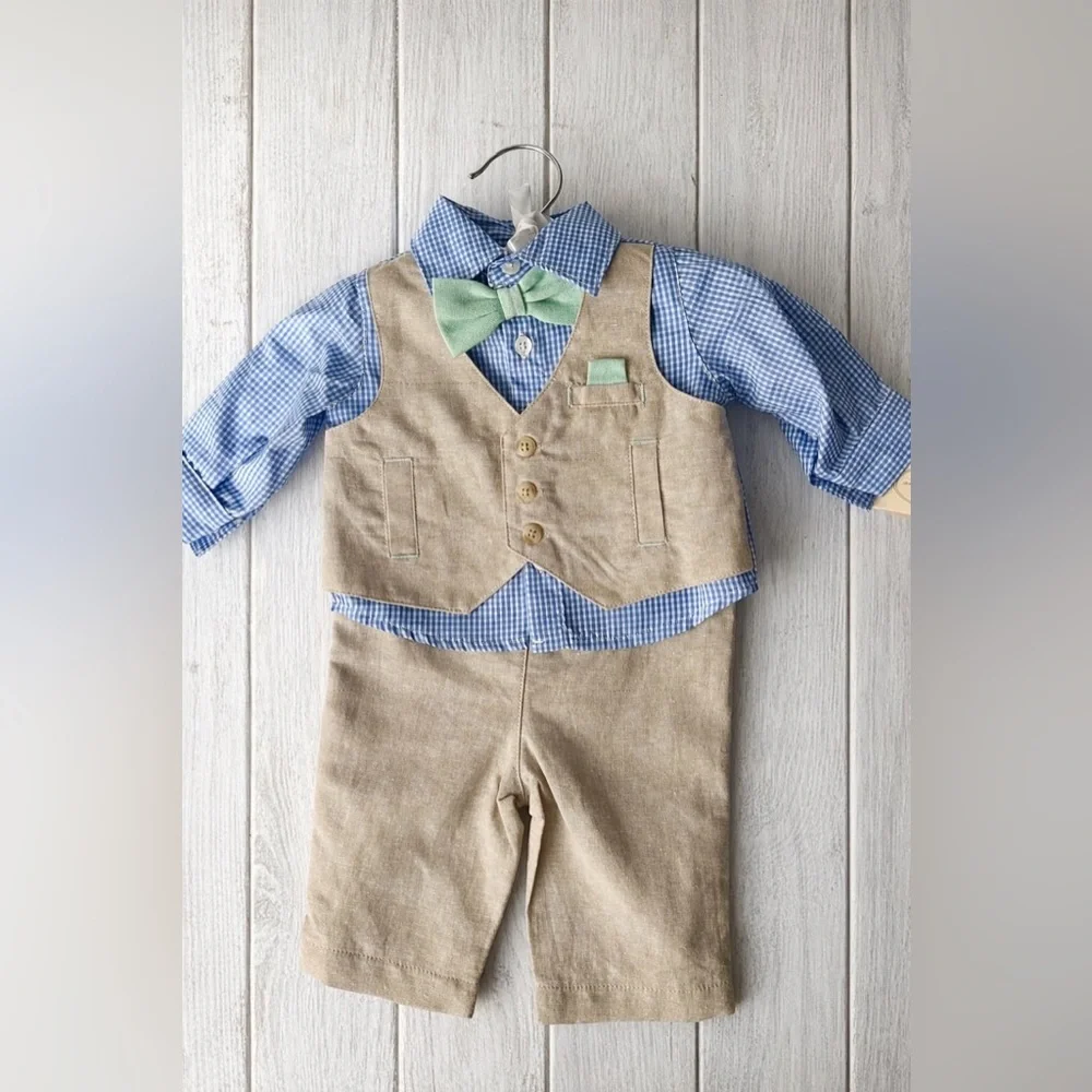 NWT Starting Out Tan Vest and Blue Checkered Shirt with Green Bow Tie