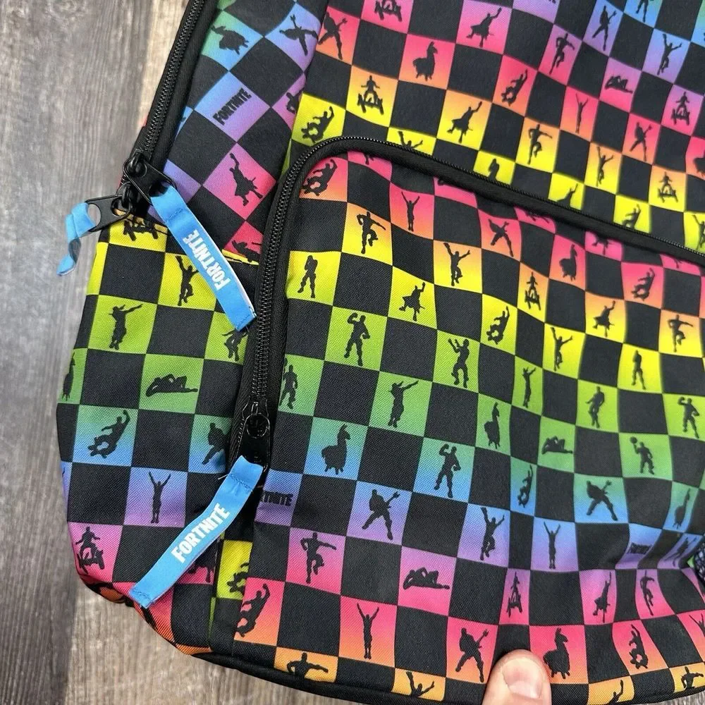 Fortnite Amplify Rainbow‎ Checker Print Children's School Backpack Pockets