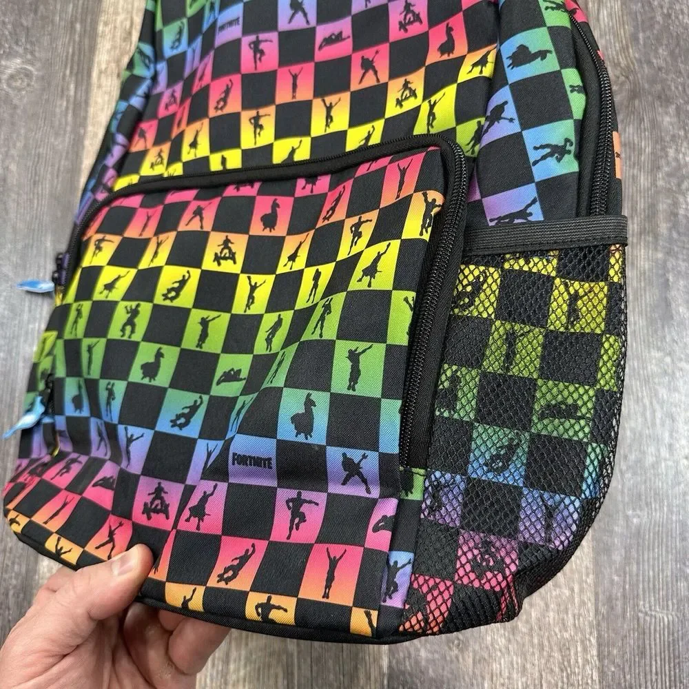 Fortnite Amplify Rainbow‎ Checker Print Children's School Backpack Pockets