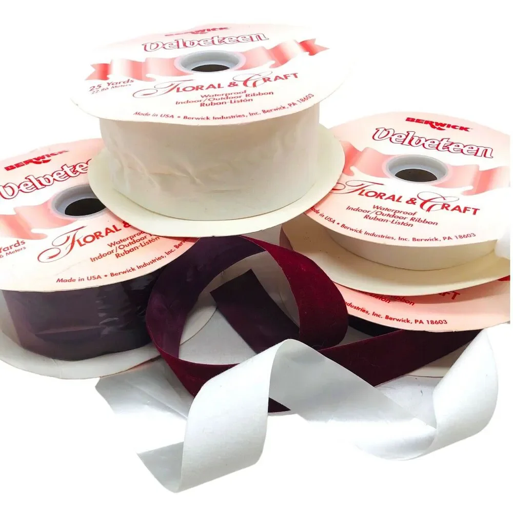 4 Rolls VTG Berwick Velveteen Ribbon WATERPROOF Satin White Red Christmas Lot