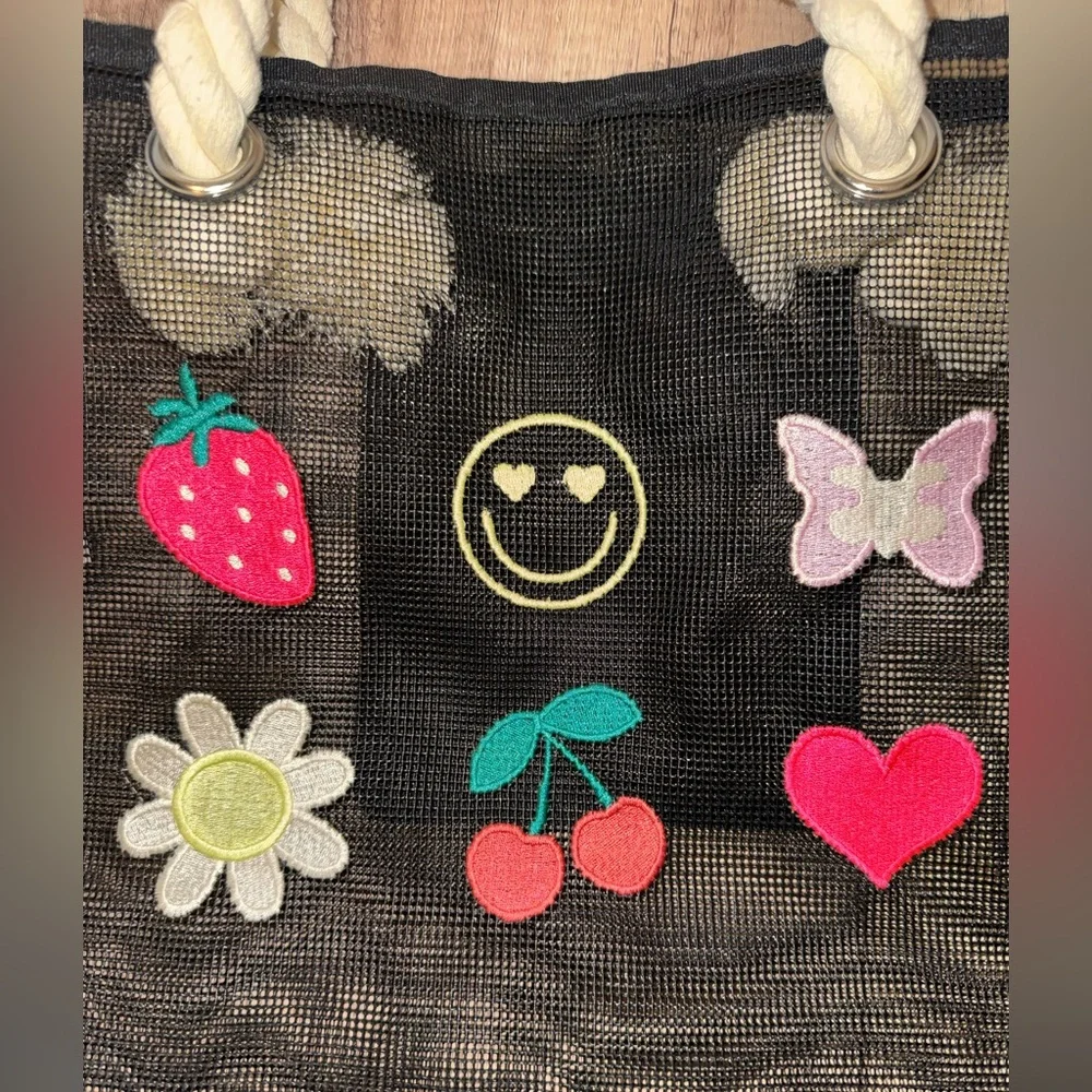 Y2K Mesh Beach Tote Strawberry Cherry Smiley Bag Beachcore Vacation Resortwear