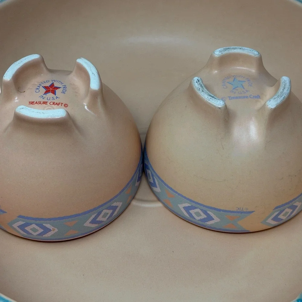 Treasure Craft Southwestern Chip and Dip Set Peach Teal Geometric 3pc Made USA