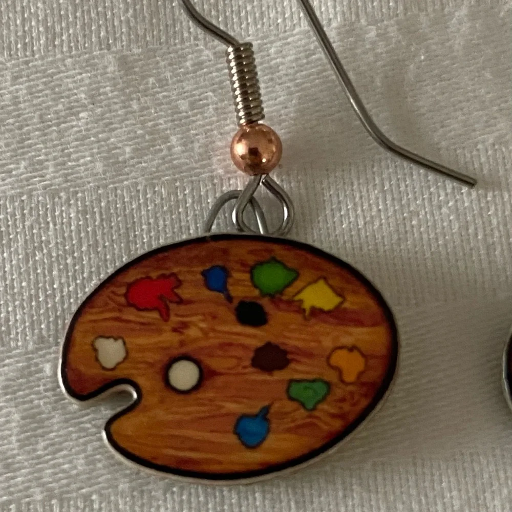 Artist Palette Paint & Brush Drop Earrings  Hand Made Signed Jewelry Art EUC