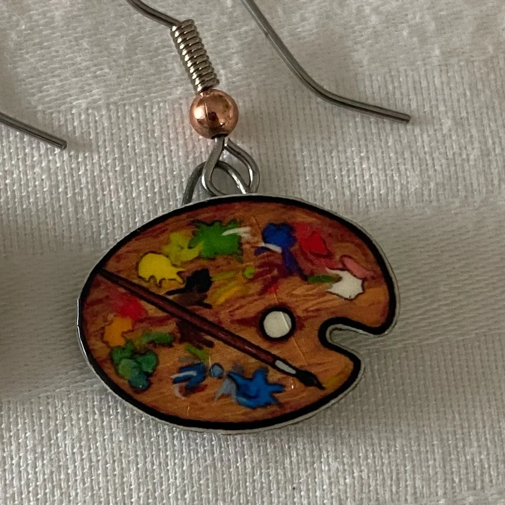 Artist Palette Paint & Brush Drop Earrings  Hand Made Signed Jewelry Art EUC