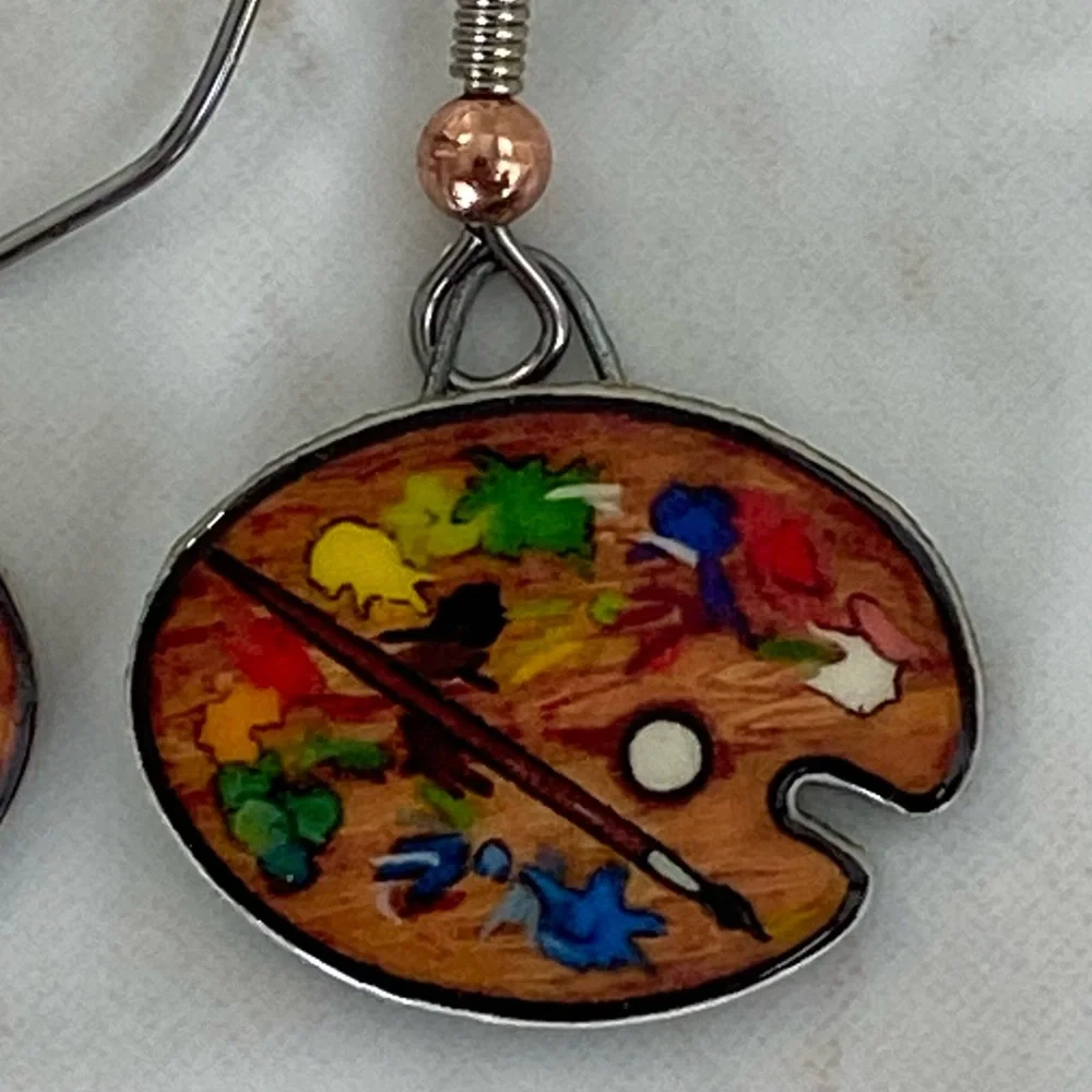 Artist Palette Paint & Brush Drop Earrings  Hand Made Signed Jewelry Art EUC