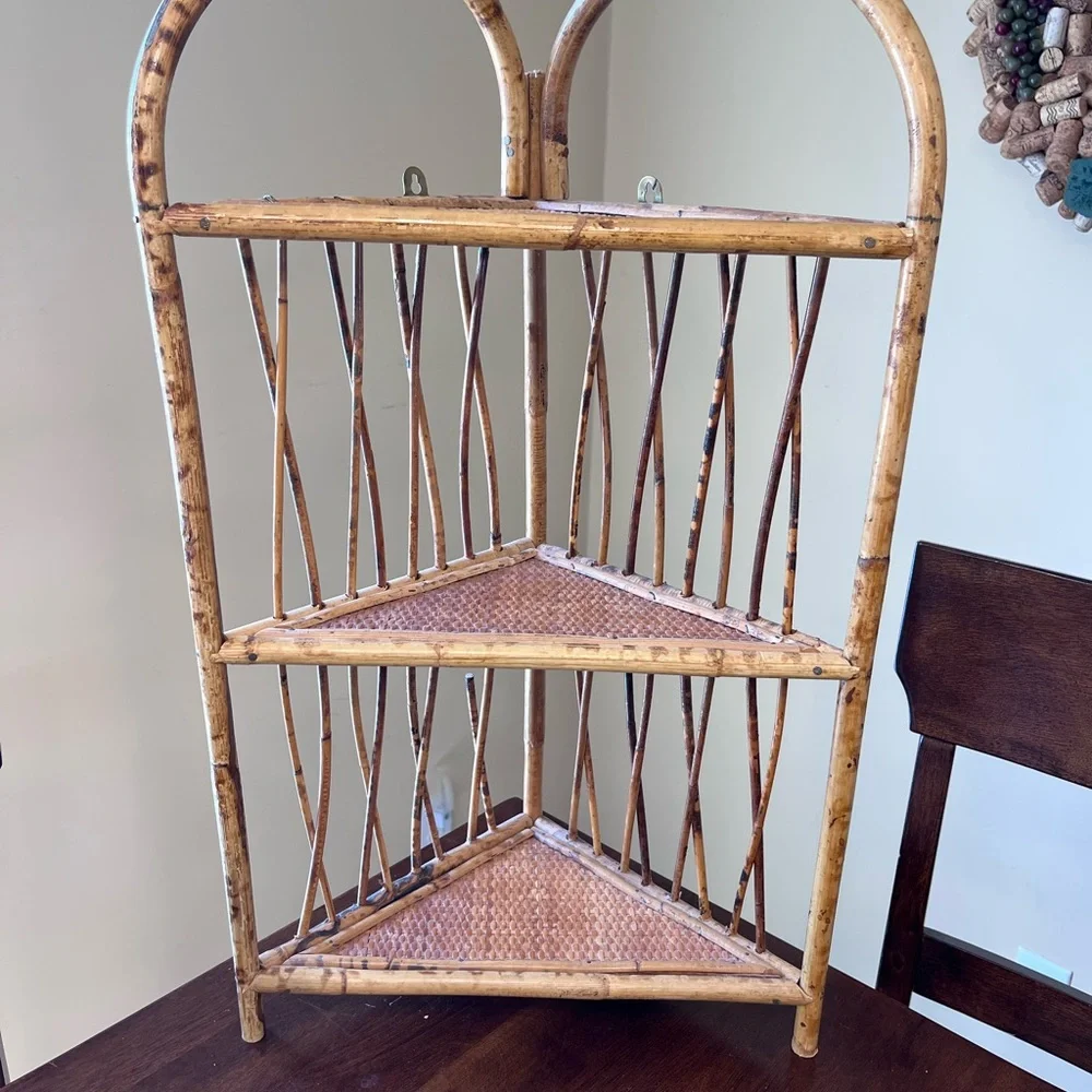 Vintage Tortoiseshell Bamboo Rattan Corner Wall Shelf 3 Tier Decor Boho Rustic