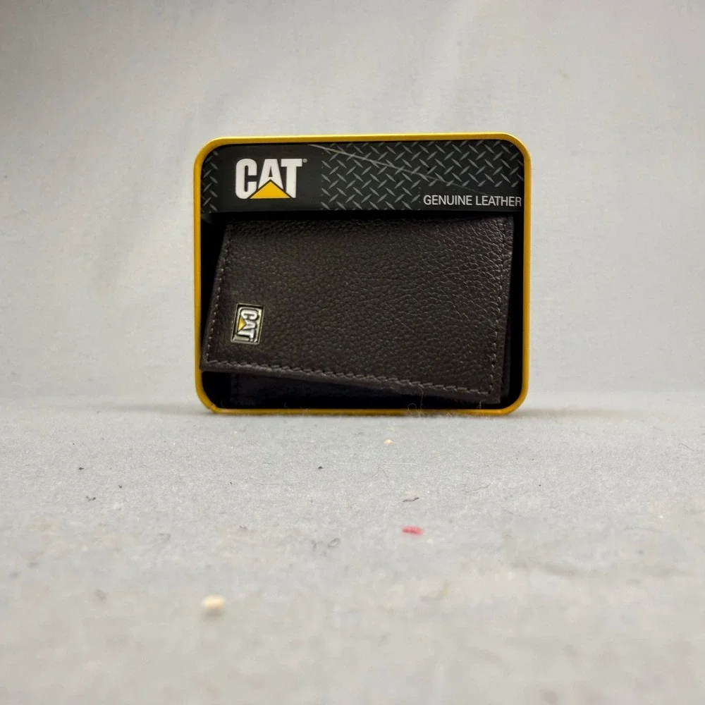 CAT Caterpillar RFID Shield Trifold‎ Brown Leather Wallet Men Metal Gift Box NEW