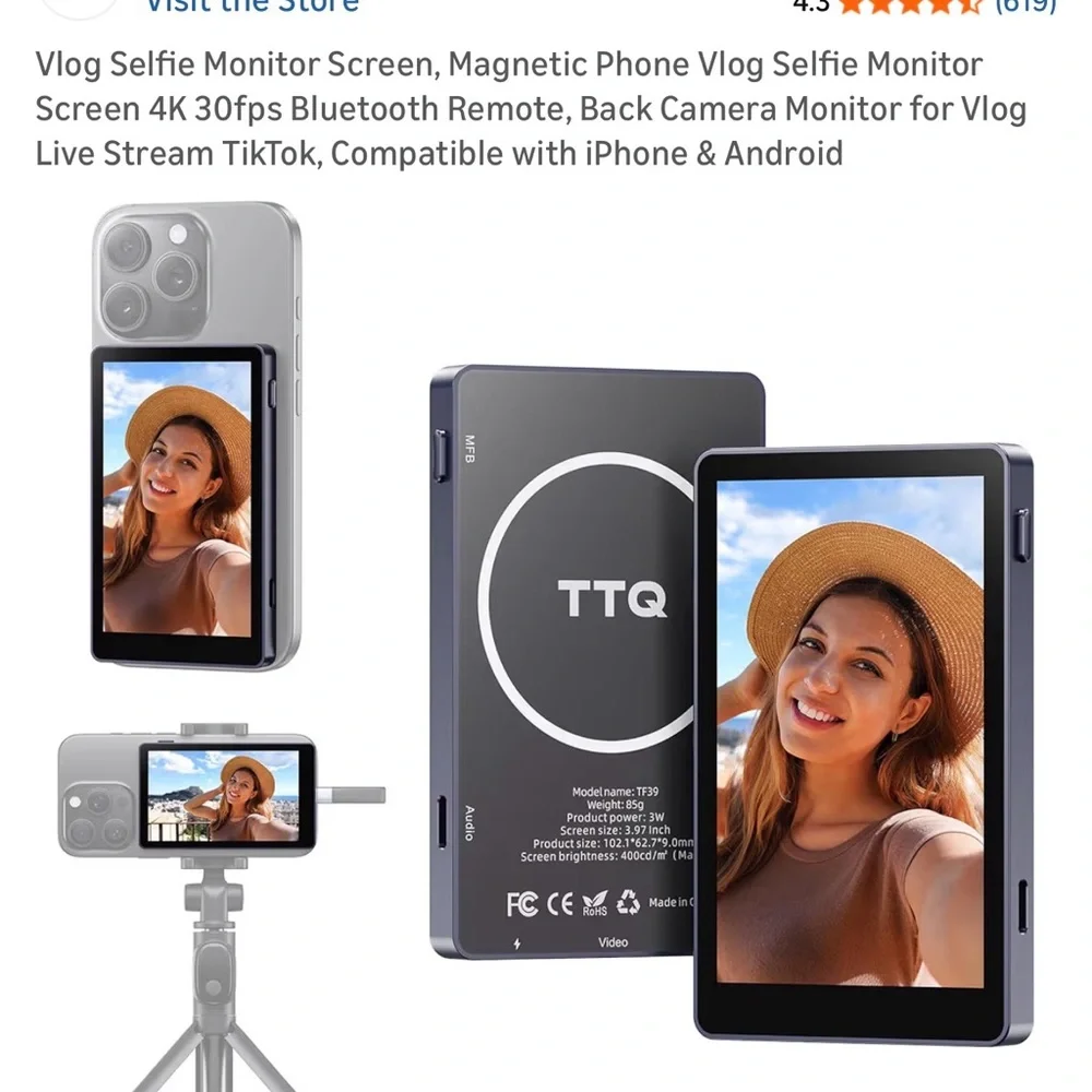 Black Magnetic Phone Vlog Selfie Monitor