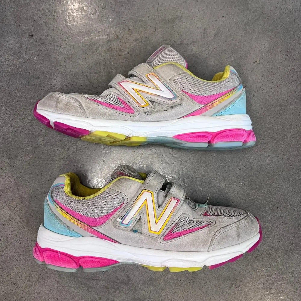 New Balance Gray pink yellow suede no lace sneakers Youth girls 2 athletic shoes