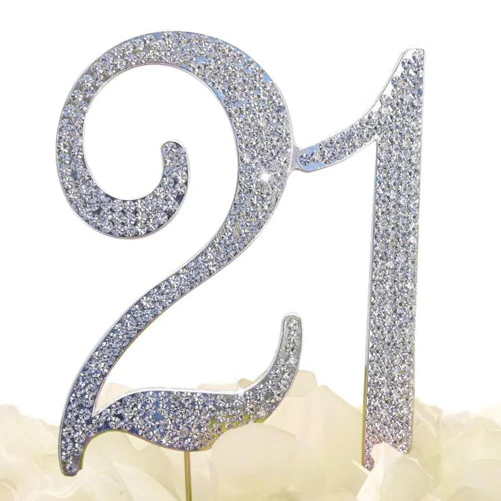 Rhinestone Cake Topper - Number 21 - Silver Metal with Czech Rhinestones