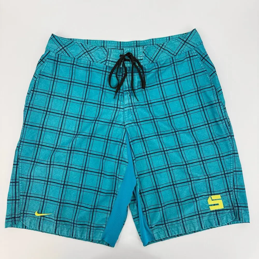 Nike Size Large Blue Black Checkered Board Shorts Swim Trunks
