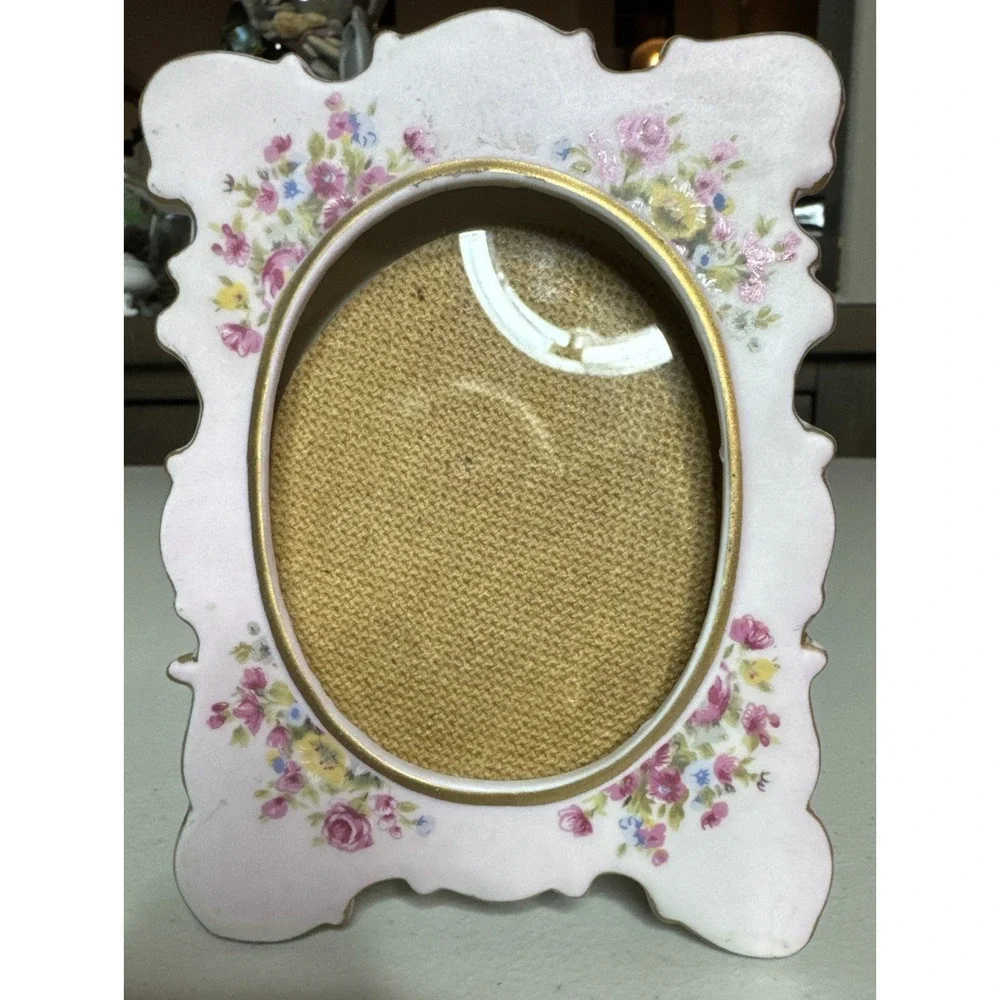 Vintage Porcelain Hand Painted Pink Roses  Floral Picture Frame  3x2.5