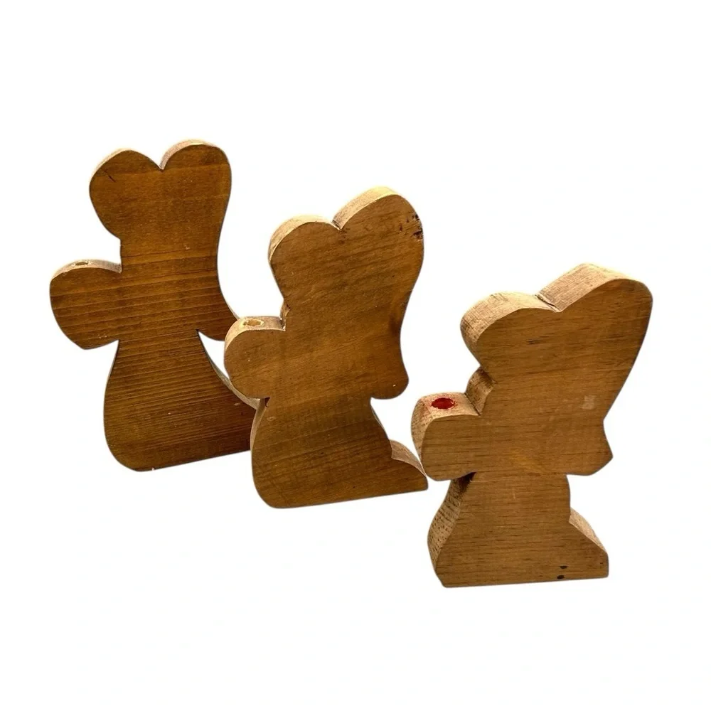 Vintage Wooden Angel Candle Holder Set – Rustic Primitive Decor – Set of 3