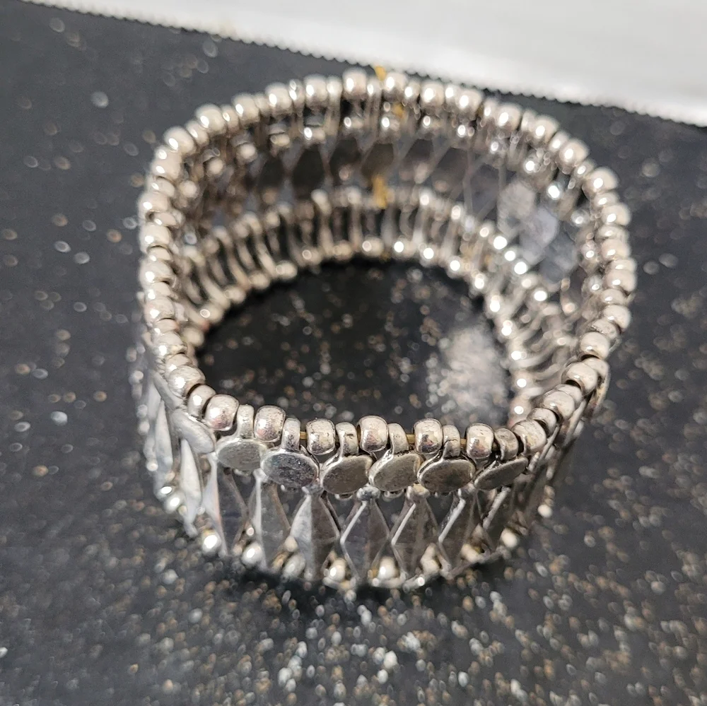 Silver Beaded Stretch Cuff Bracelet