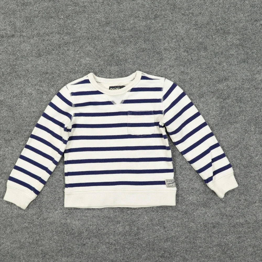 OshKosh B'gosh Sweatshirt Kids 4/5 White Navy Striped Pullover Crewneck Pocket