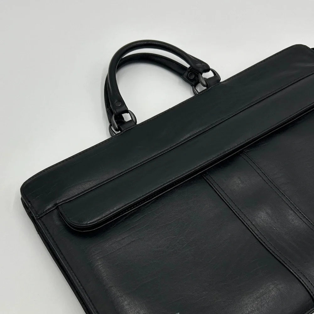 Men's Black Leather Briefcase Softshell Multi Compartment Zipper Professional