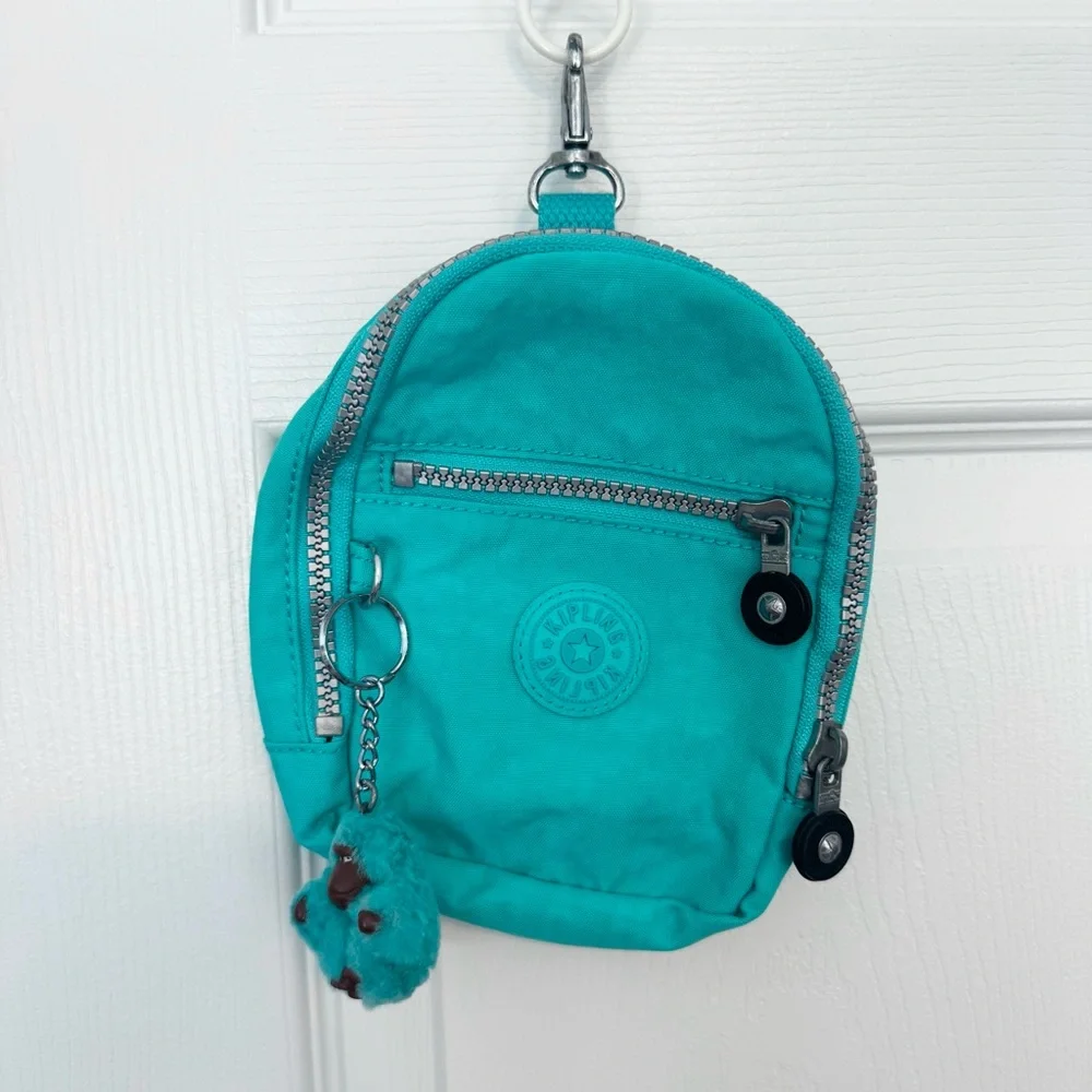 Kipling Turquoise Mini Backpack Keychain w/monkey