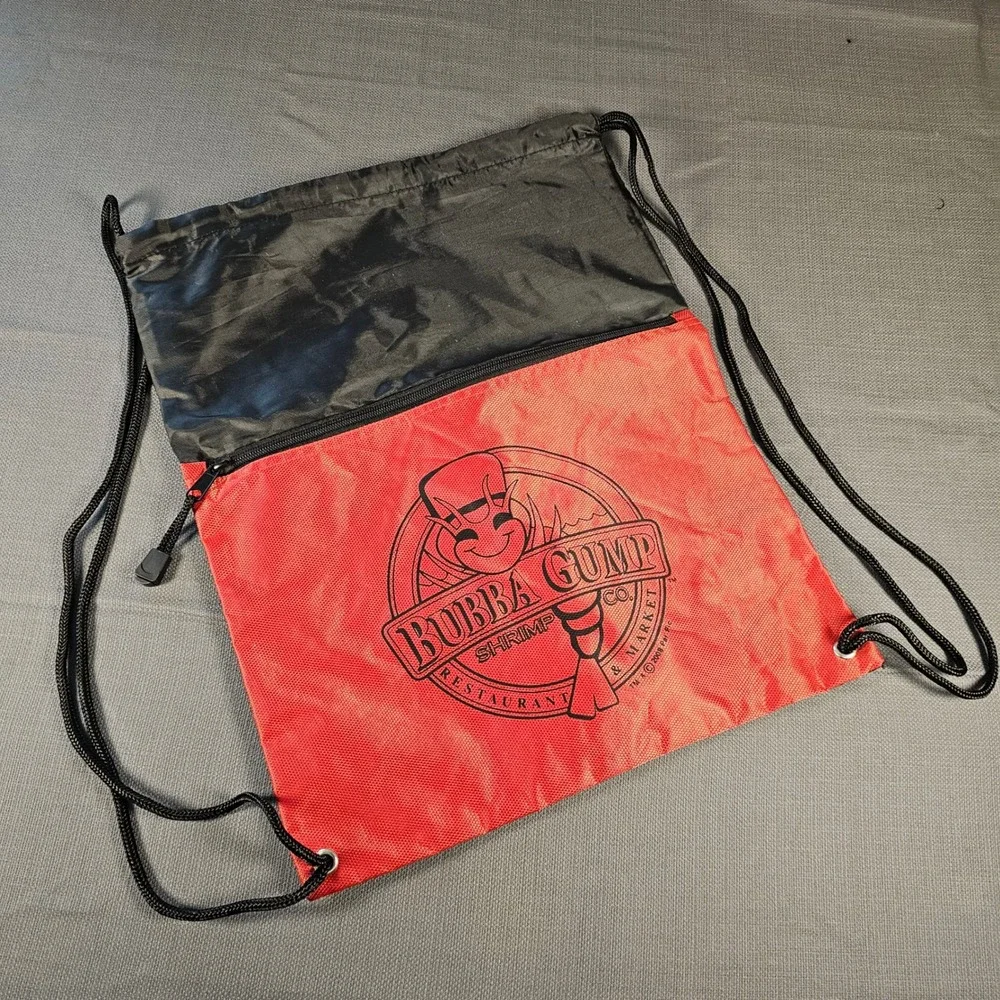Bubba Gump Shrimp Co Drawstring Backpack Red Black Cinch Bag Zipper Pocket
