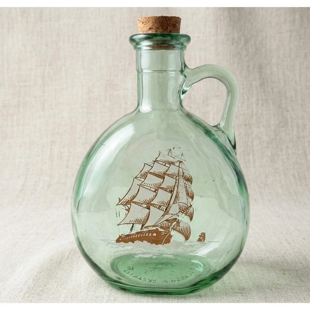 MCM Vintage Old Fitzgerald Green Glass Flagship Decanter Bottle Tall Ship Design