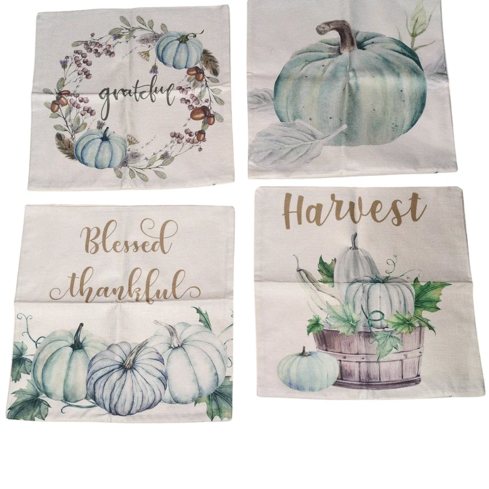 Set of 4 White Fall Pumpkin Pillow Covers Zipper 18 x 18 100% Linen Farmhouse