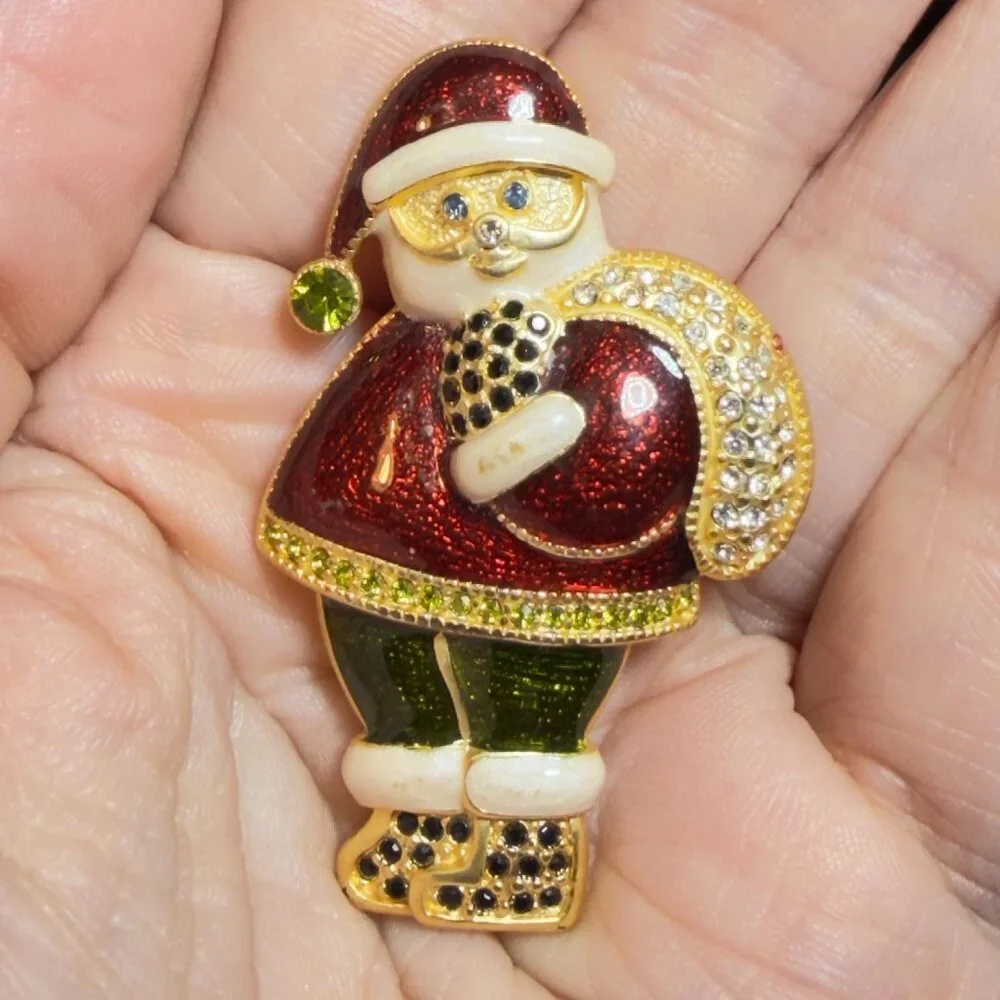 Santa Brooch Rhinestone Enamel Christmas Pin Gold Tone 2”