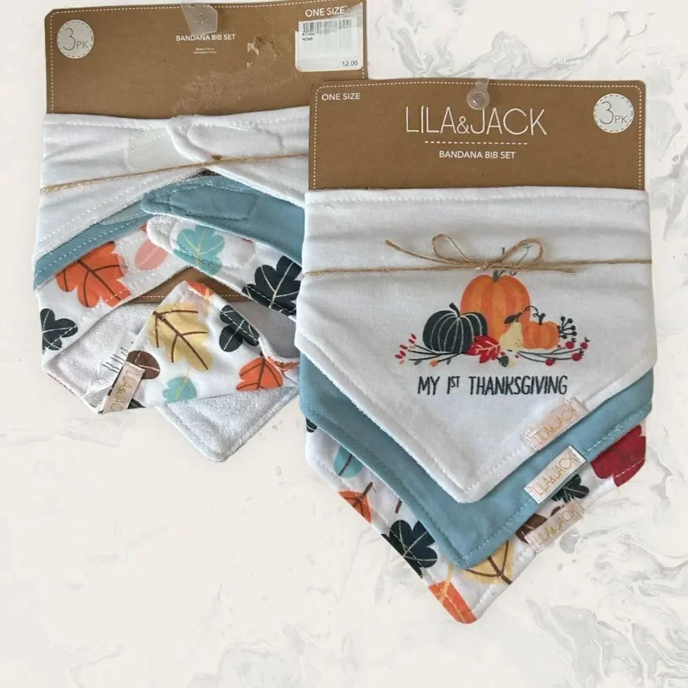 NWT Lila and Jack Bundle : My First Thanksgiving Bandana Bib Set 3 Pieces -2 Set